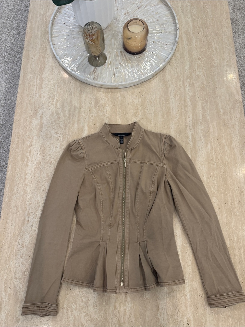 White House Black Market Taupe Zip-Front Peplum Utility Jacket